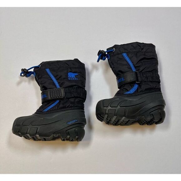 Sorel Flurry Youth Boot Black Blue Velcro Boys US Size 6 Waterproof Warm Comfort - Picture 1 of 7